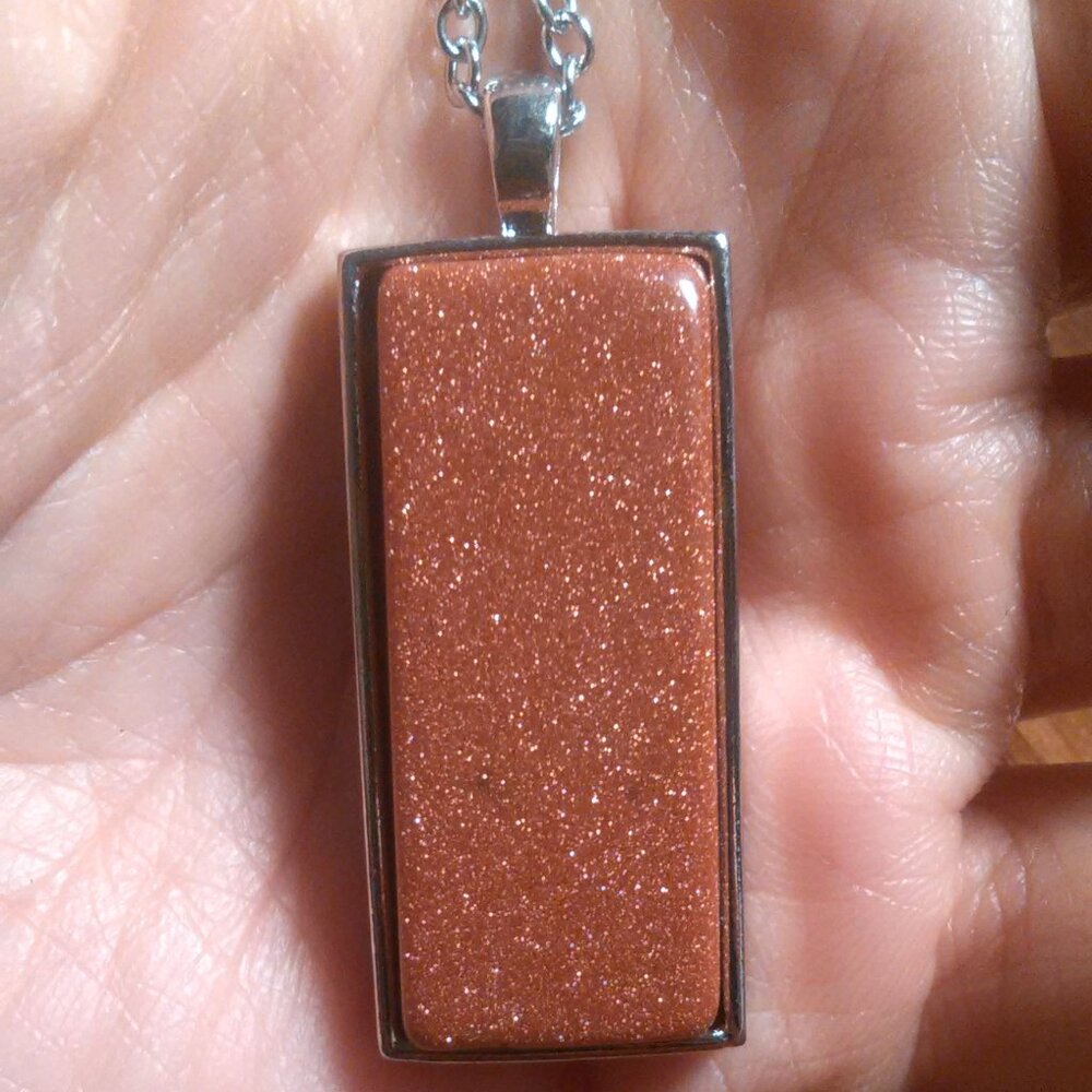 Gold Sandstone Rectangle Shape Silvertone Pendant Stainless Steel Necklace
